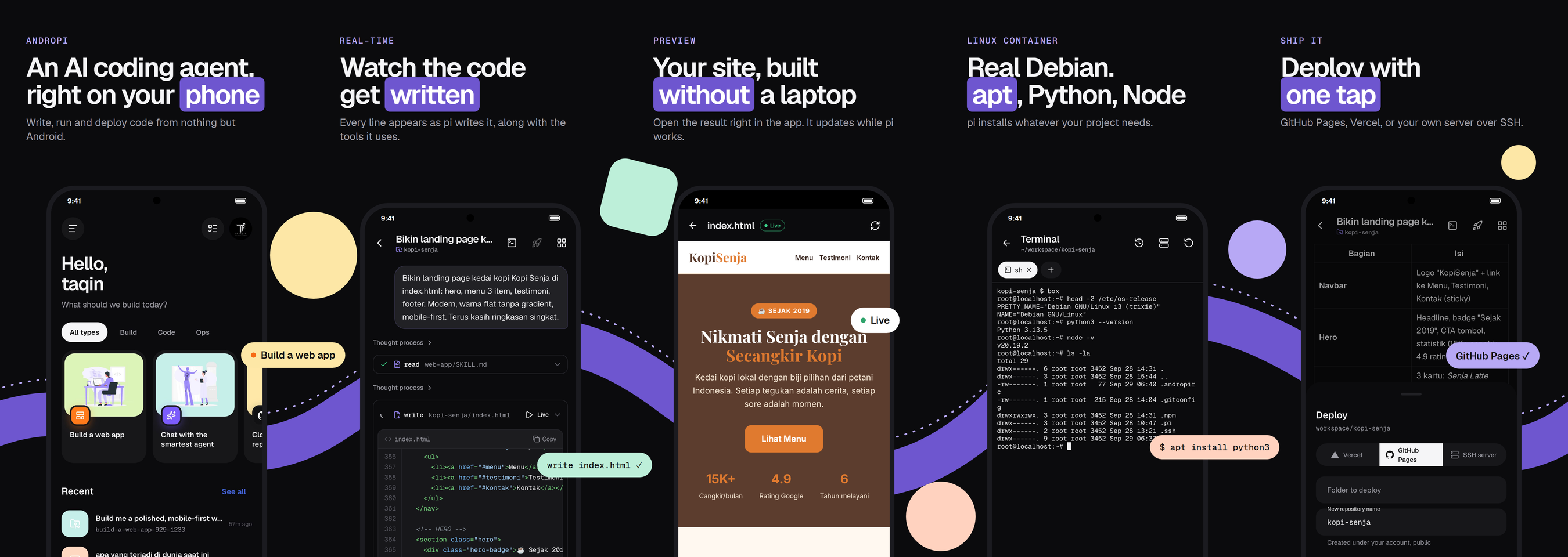 AndroPI screens: home, live code, live preview, Linux terminal and deploy